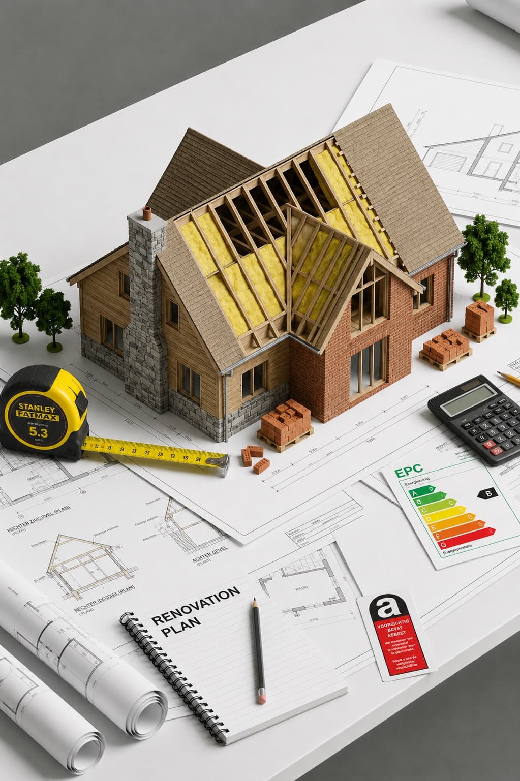 Half-renovated Belgian home with EPC energy label, asbestos certificate and calculator — a typical renovation starting point in one frame.